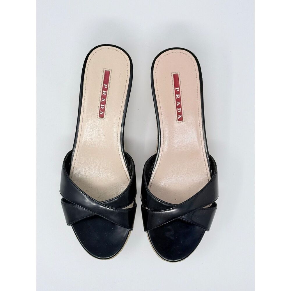 Vintage Prada Black Patent Leather Cork Wedge Sandals Espadrille 36.5 (US 6.5)